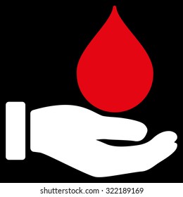 Donate Blood vector icon. Style is bicolor flat symbol, red and white colors, rounded angles, black background.