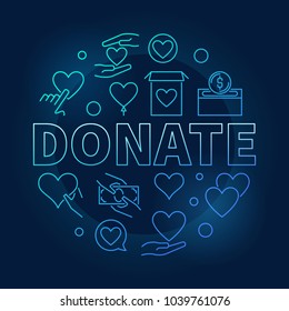 Donate blue round illustration. Vector bright charity and donation circular sign in thin line style on dark background