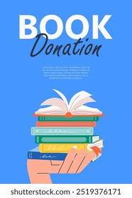Donate books. Cardboard box with colourful books for donation. Concept of social and humanitarian aid, volunteering and charity.Vector illustration.