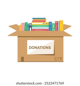 Dona libros. Caja de cartón con libros de colores para la donación. Concepto de ayuda social y humanitaria, voluntariado y caridad.Ilustración vectorial.