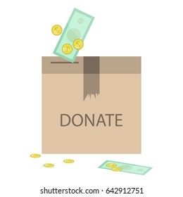 Donate box with cash in flat design. Isolated object on white background. 