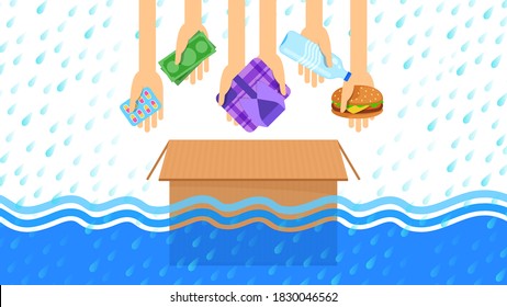 donate box for flood, (money, medicine, drug, clothing, food and drinking water for flooding donate help campaign), donation box of flooding floods help, charity donate box of rain storm crisis banner