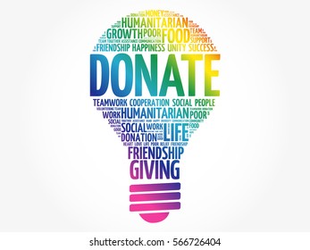 DONATE bulb word cloud collage , social concept background