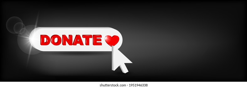 Icono del botón de donar 3D. Botón blanco con corazón rojo sobre fondo negro.  l Elemento de diseño Web. Haz una donación de caridad para contribuir ahora.