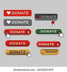 Dona Botón. Hacer clic Botón donar. Botón para donaciones y caridad. Donación por pagos en línea. Asistencia financiera. Ilustración vectorial.