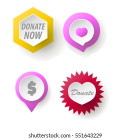 Donate button collection. Set of web buttons for charity, donate. icons donation gift charity, money giving. Modern UI donate buttons isolated on white background.