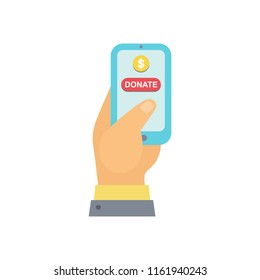 Donate button hand, smartphone and dollar sign. Help sticker. Gift charity. Isolated donate design. Contribute, contribution, give money, hand gesture giving symbol. Vector illustration hand icon 