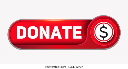 Donate button icon. Donate now sign. Red button with a coin for your website, a symbol of charity and volunteering. Web Design Element Press Button
