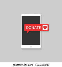 Donate button icon. Smartphone with red heart symbol on the screen