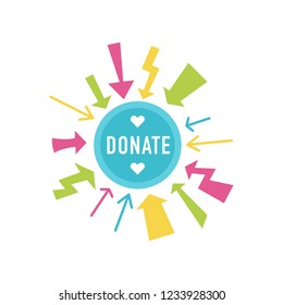 Donate button with piggy bank, flowers and dollar sign. Help red green sticker. Gift charity. Isolated support design. Contribute, contribution, give money, giving symbol. Vector illustration