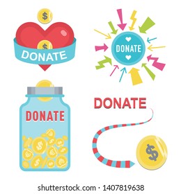 Donate buttons set. Help icon donation blood. Gift charity. Isolated support design sign. Human hand. Contribute, contribution, give money, coins, bank note, donate symbol. Vector illustration donate