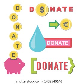 Donate buttons set. Help icon donation blood. Gift charity. Isolated support design sign. Human hand. Contribute, contribution, give money, coins, bank note, donate symbol. Vector illustration donate