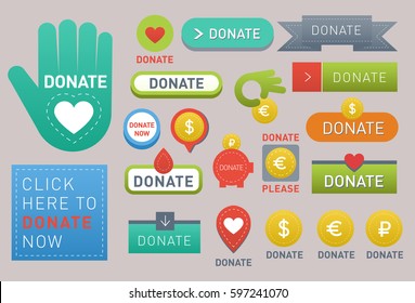 Donate buttons vector set illustration help icon donation gift charity isolated support design sign contribute contribution give money giving symbol