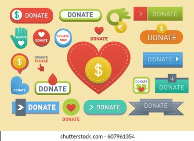 Donate buttons vector set illustration help icon donation gift charity isolated support design sign contribute contribution give money giving symbol