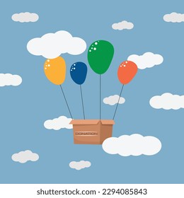 Donate cardboard box with sign donation fly with coloured balloons in the sky. Falt illustration