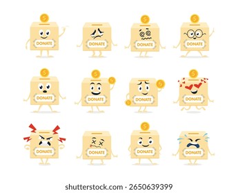 Donate character box designs showcasing various emotions related to charitable giving and support