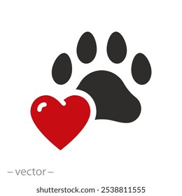 Donar o caridad para el logotipo de los animales, corazón con el icono de la pata del animal, amor para un perro o un gato, impresión de la pata, concepto del animal doméstico del cuidado, Ilustración vectorial plana