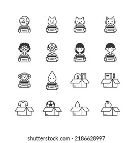 Donate and Charity flat icons set. hold box, Volunteer help, people donations and Care box. design vector