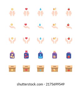 Donate and Charity flat icons set.Helping hand, Volunteer help, Heart donations and Care box. design vector
