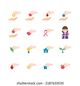 Donate and Charity flat icons set.Helping hand, Volunteer help, Heart donations and Care box. design vector