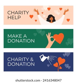 Donar, caridad, ayudar a la ilustración vectorial de mano. Las mujeres se ganan el corazón aceptando ayuda. El agua puede irrigar la planta de forma cardíaca. El ser humano da amor. Donación, ayuda, pancartas de voluntariado de asistencia social puestas