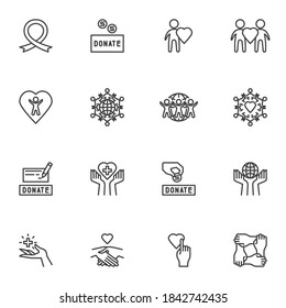 Donate, charity line icons set, outline vector symbol collection, linear style pictogram pack. Signs, logo illustration. Set includes icons as money donation, volunteering, healthcare, togetherness