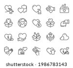 Donate and Charity line icons. Volunteer help, Global hunger, Food box. Helping hand, Heart donate and Care service line icons. Donation or Blood collection, Money charity and Food care. Vector