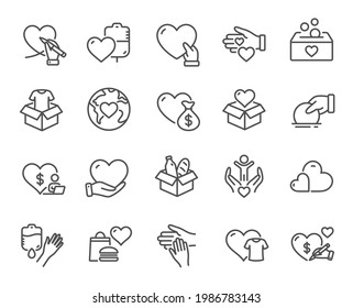Donate and Charity line icons. Volunteer help, Global hunger, Food box. Helping hand, Heart donate and Care service line icons. Donation or Blood collection, Money charity and Food care. Vector