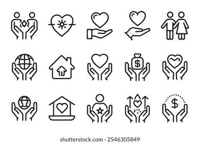 Donate, charity, solidarity, trust, social care related editable icon set isolated flat vector illustration white background