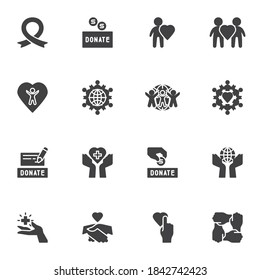 Donate, charity vector icons set, modern solid symbol collection, filled style pictogram pack. Signs, logo illustration. Set includes icons as money donation, volunteering, healthcare, togetherness