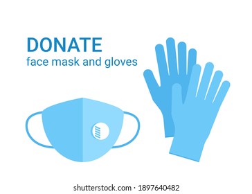 Donate Of Cloth Face Mask And Protective Gloves. Clothes Donation Of Respirator Protective Face And Hand Wear As Social Help. Concept Design Of Safety PPE, Healthcare And Humanitarian Aid. Vector