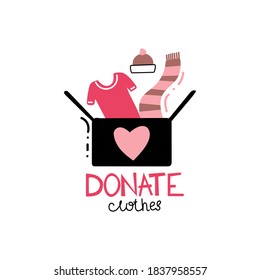 Donate clothes. Cardboard box with t-shirt and winter clothes, volunteering and support poor people, second hand shop charity and donation concept vector doodle isolated illustration