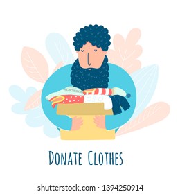 Donate clothes concept with a man carrying a box of clothes. Vector illustration