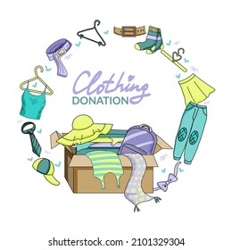 Donate clothes flat vector poster template. Banner for a used clothing store. Box of clothes. Homeless people in need of social assistance. Illustration of men's and women's clothing. Selling.