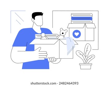 Donate clothes isolated cartoon vector illustrations. Man holds box with donated toys and clothes, people lifestyle, responsible attitude, social activity, volunteering process vector cartoon.