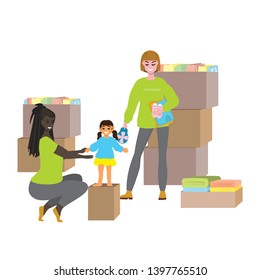 
Donate clothes. Women volunteers dress the girl. Clothes fitting. Vector
