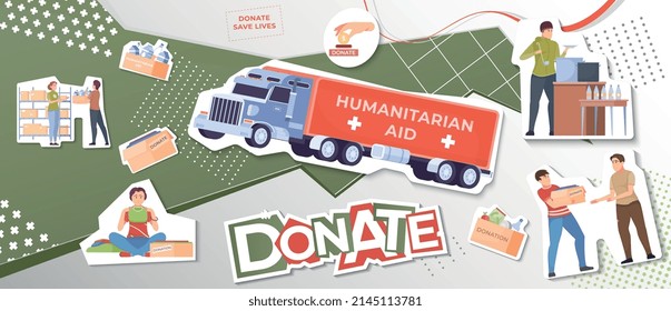Collage de donaciones de estilo plano con ayuda humanitaria van personas haciendo donaciones ilustraciones vectoriales