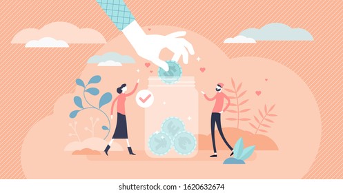 Donate Concept Flat Tiny Person Couple Vector Illustration With A Money Jar Piggy Bank And Hand Giving Coin Symbol. Charity Awareness Campaign Activity And Support Community Collecting Payments Work.