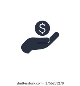Donate contribute money sign, Earn money vector icon, salary symbol. Hand and money icon. Share or invest money concept. Pay with cash. Stock vector illustration isolated on white background.