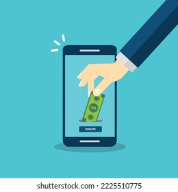 Donate, donation concept. Dollar bill and donate button on a mobile phone.	