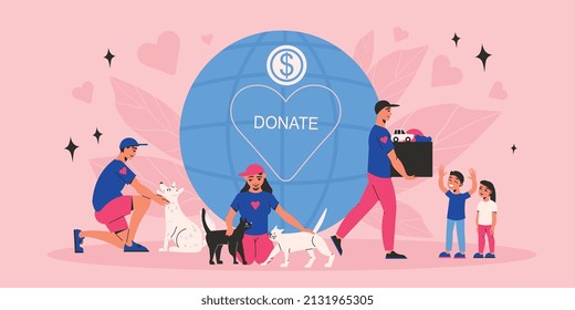 Donate flat color composition with volunteers conducting donation drive for children and pets vector illustration