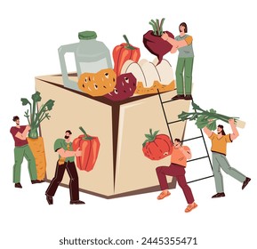 Donate food to charity, volunteers pack care boxes for those in need, flat vector illustration isolated on white. Food banks in fighting hunger and helping the poor. Banner or poster background.