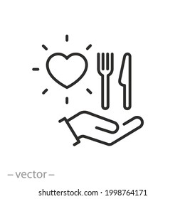 donate food icon, charity hand with meal, service charity volunteer,  share eat concept, need help poor, social aid collect and delivery, thin line symbol - editable stroke vector illustration eps10