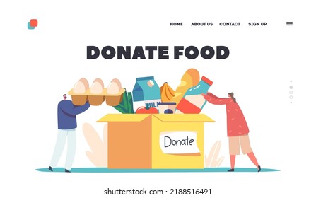 Donate Food Landing Page Template. Support Social Care, Volunteering and Charity Concept. Tiny Characters Filling Cardboard Donation Box with Different Products . Cartoon People Vector Illustration