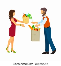 Donate Food To Volunteer. Food Share Cartoon Vector Illustration. Waste No Food Event. Woman Give Away Paper Bags With Food To Bearded Man. Give Hands To Each Other And Smiling. People Exchange Food.