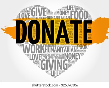 Donate is a gift for charity, humanitarian aid, or to benefit a cause, word cloud heart concept background