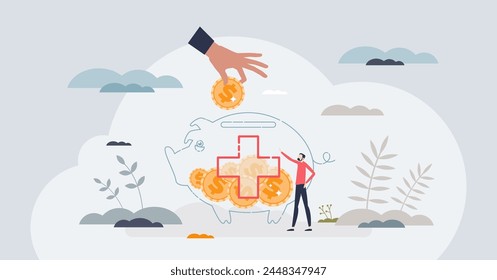Donate and give financial support to poor social group tiny person concept. Money donation as charity type for volunteer campaign vector illustration. Poverty awareness with help of solidarity.
