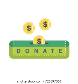 Donate green button with coins and dollar sign. Help colored button. Gift charity. Isolated support design. Contribute, contribution, give money, giving symbol. Vector illustration