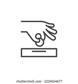 Donate hand line icon. linear style sign for mobile concept and web design. Hand inserting coin into donation box outline vector icon. Symbol, logo illustration. Vector graphics