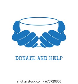 Donate and help logo. Hungry people holding empty bowl begging for food and help.